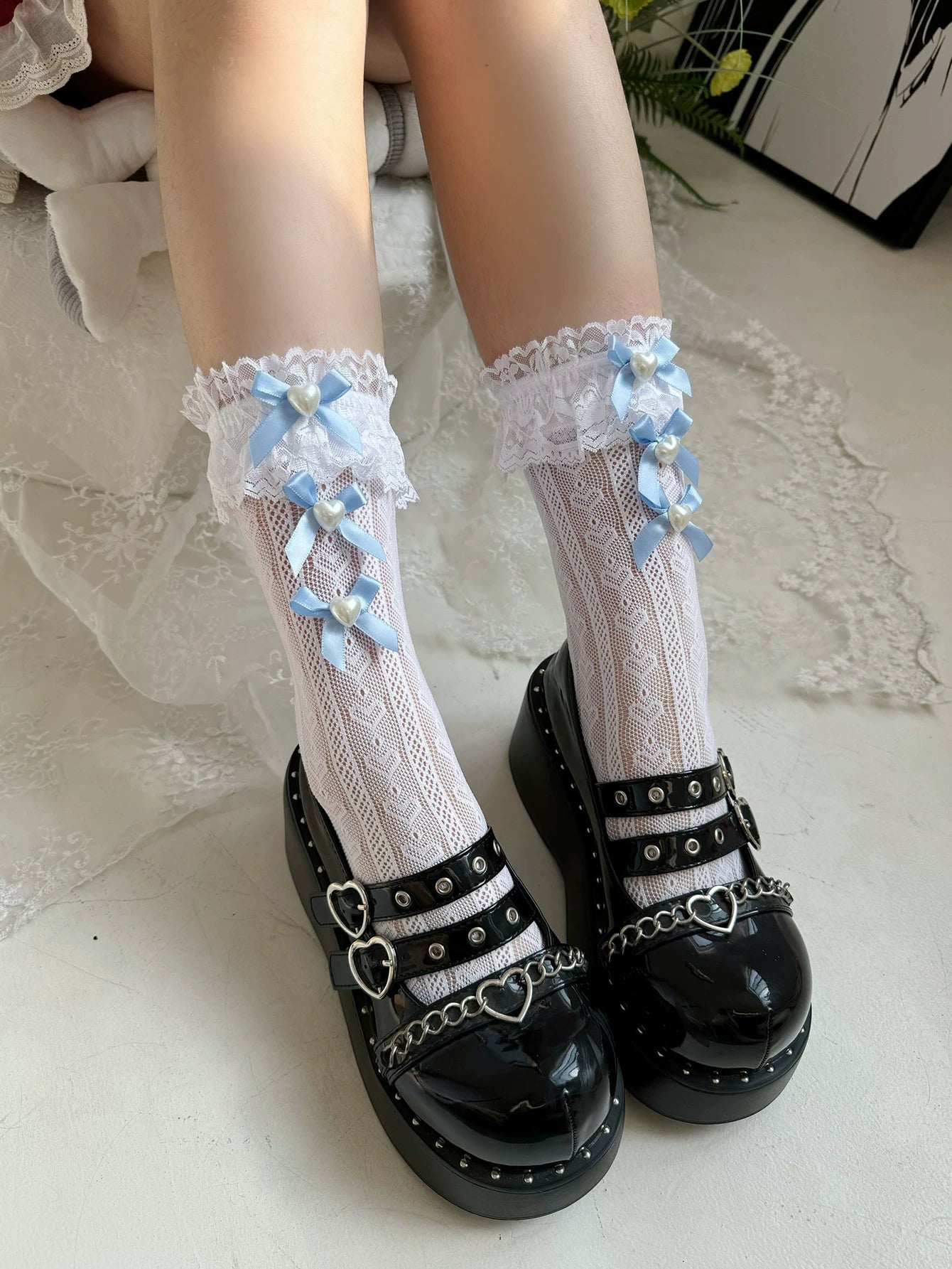 Fantasy Doll - Heart Pearl - Lace Mid-Calf Socks with Ribbon Bows and Heart Pearls
