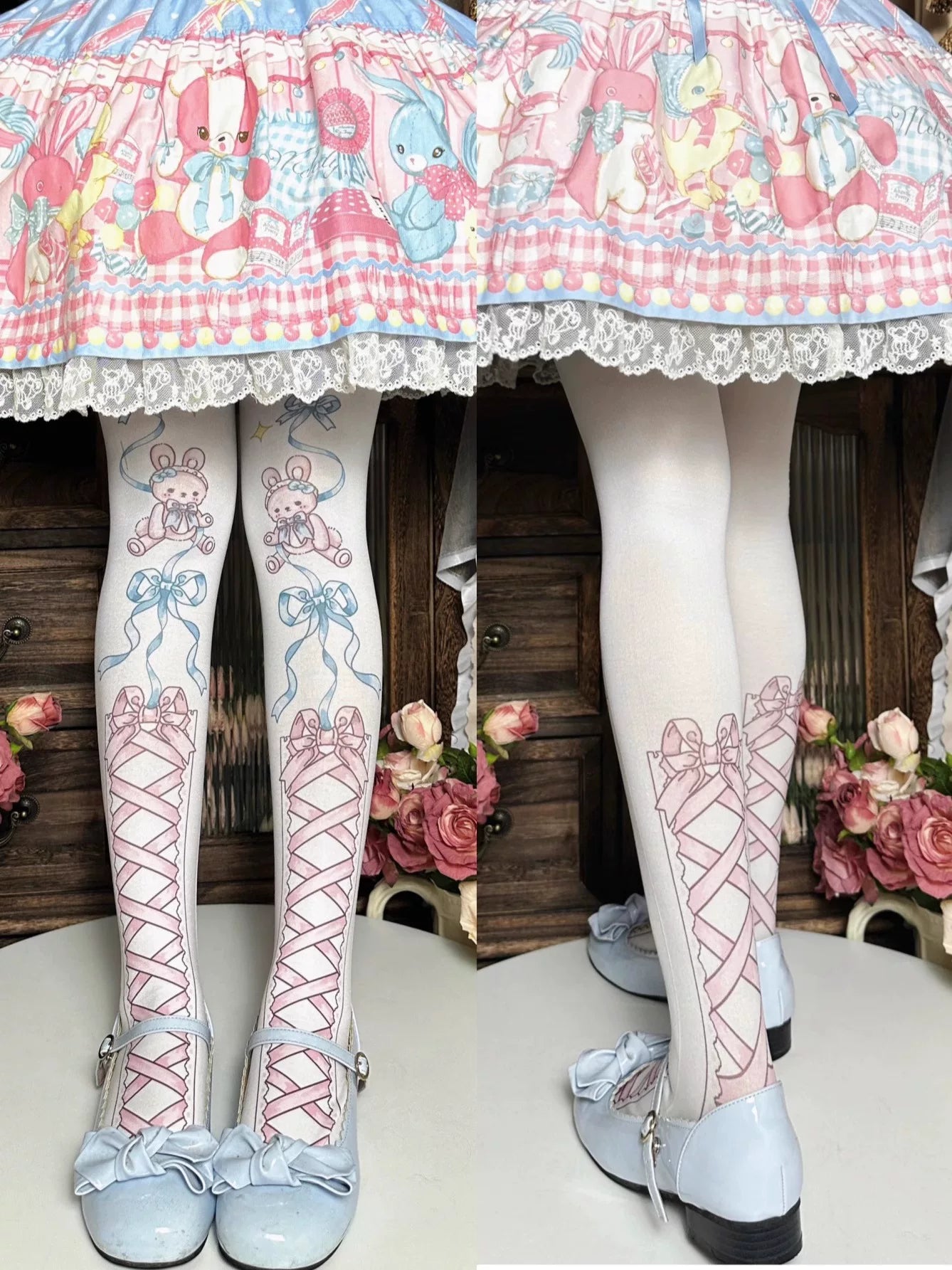Fantasy Doll - Ribbon Bunny - Rabbit-Print Tights with Bow Motifs