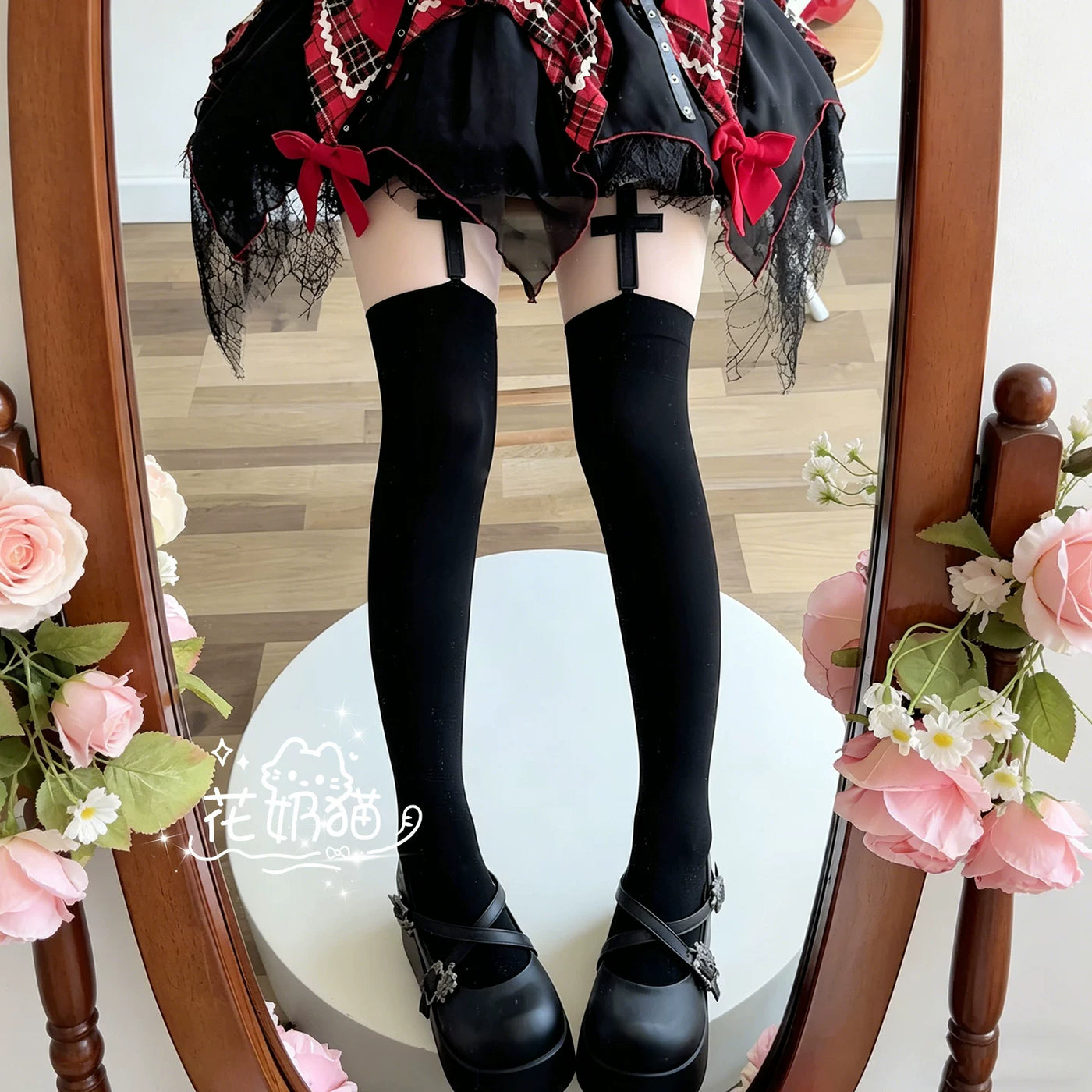 Floral Milk Cat - Gothic Cross - Black Thigh-High Socks with Cross Suspender Straps
