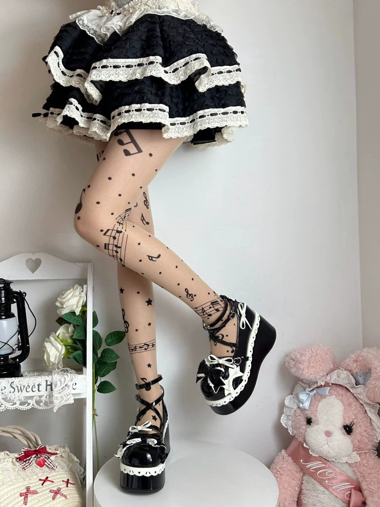 Fantasy Doll - Piano Notes - Musical Note Tights with Piano-Key Print