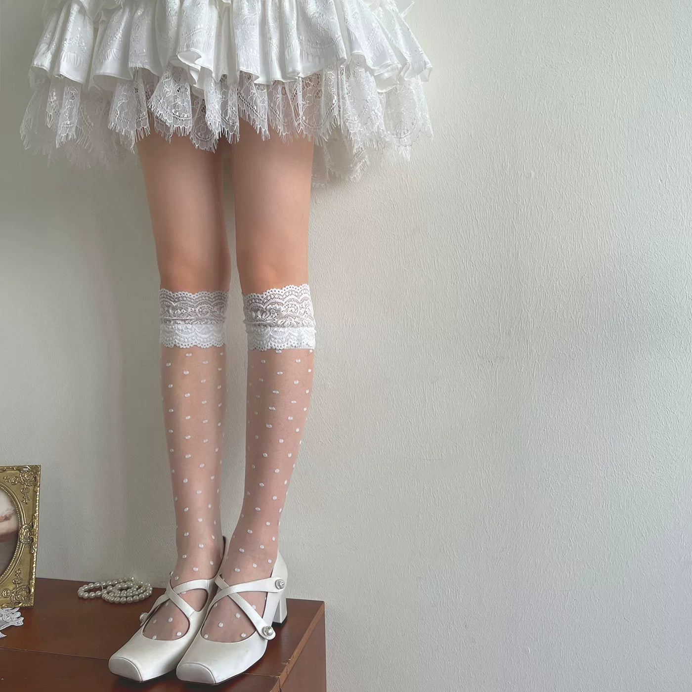 Sock Noble - Fresh Polka Dot - Lace-Trimmed Polka-Dot Mid-Calf Socks