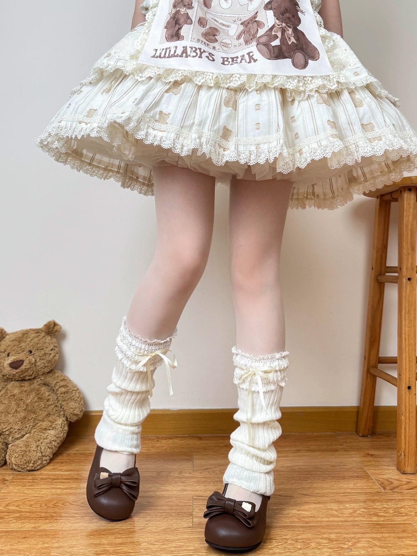 Chubby Bear Tales - Ribbon Scrunch Layers - Knit Leg Warmers with Lace Cuffs and Ribbon Ties