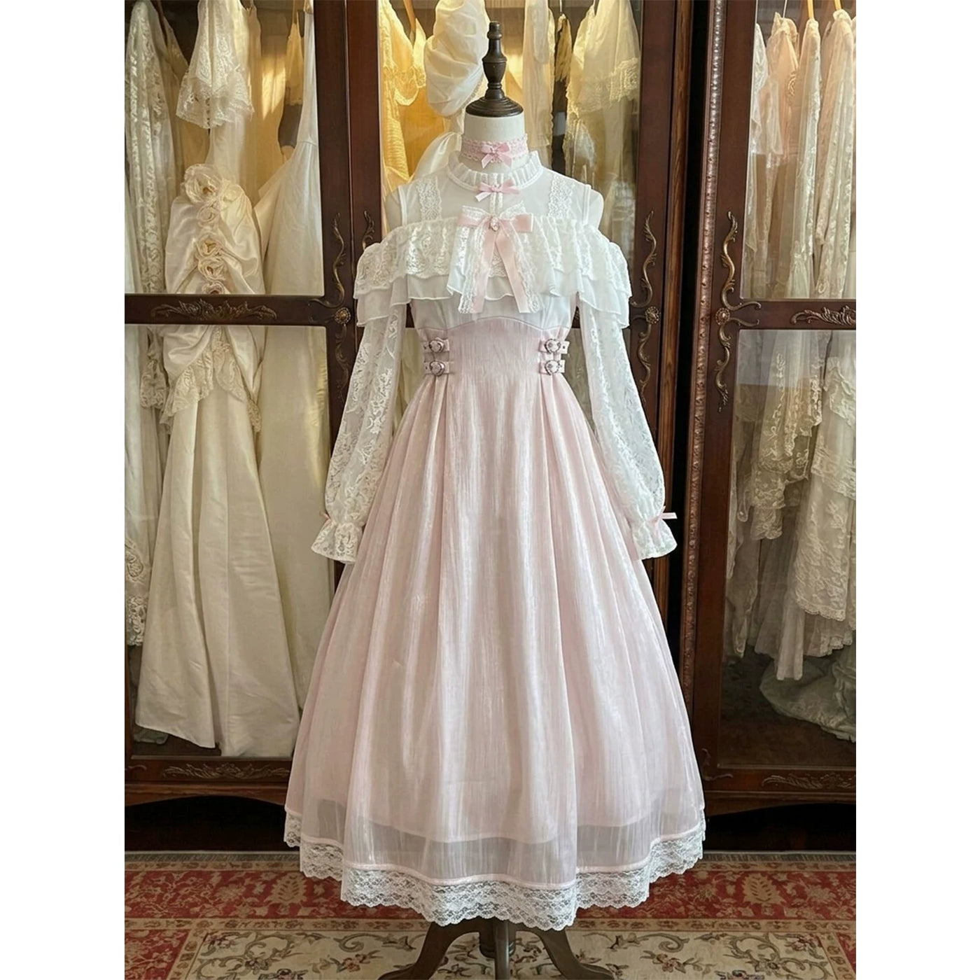 Creamy - Blush Lace - Long-Sleeve OP Dress with Off-Shoulder Lace Ruffles