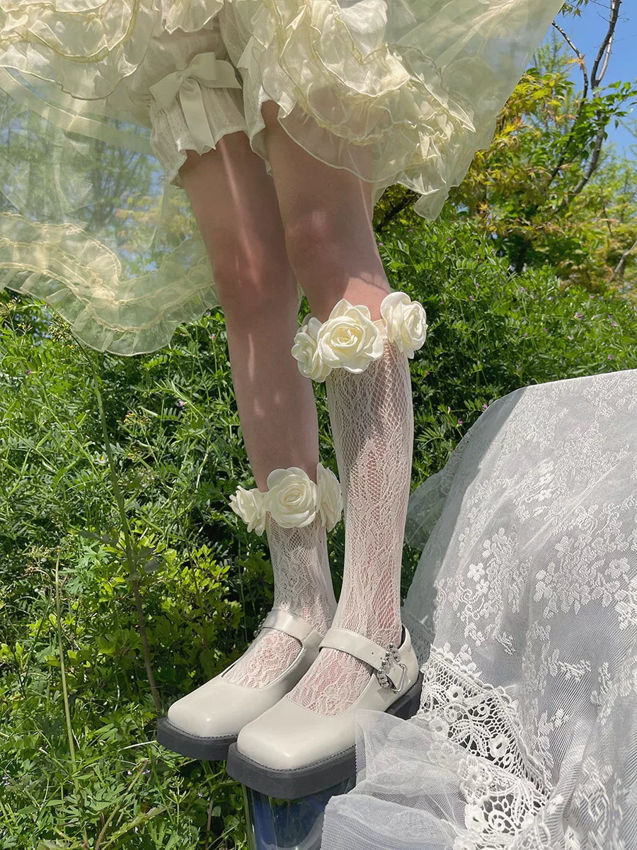 Sock Noble - Camellia Lace - Slouchy Mid-Calf Socks with Flower Cuffs