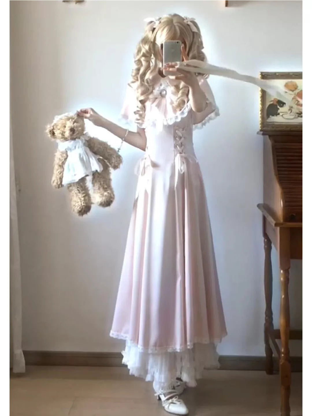 Creamy - Pink Cape - Pink OP Dress with a Ruffled Cape Collar