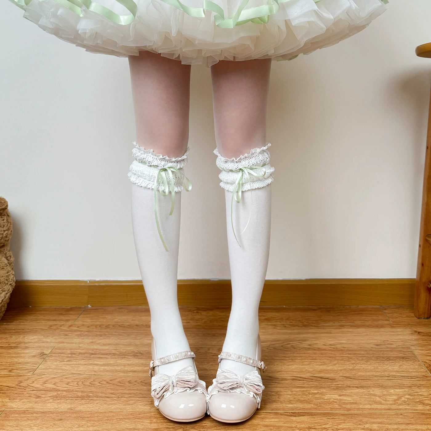Chubby Bear Tales - Cream Ballet - Lace-Trimmed Socks with Ribbon Ties
