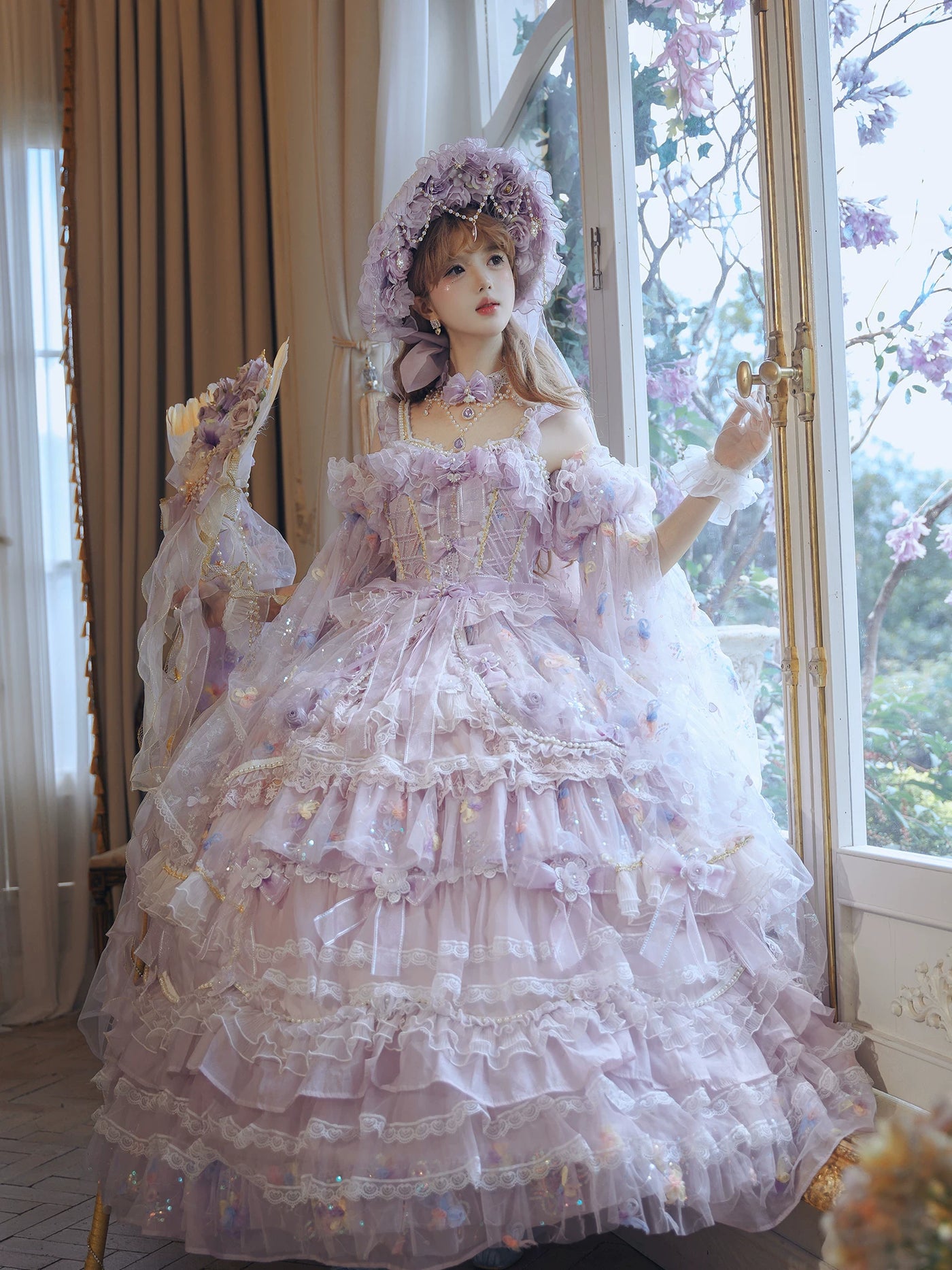 Floral embroidery and pearl accents on lolita JSK bodice
