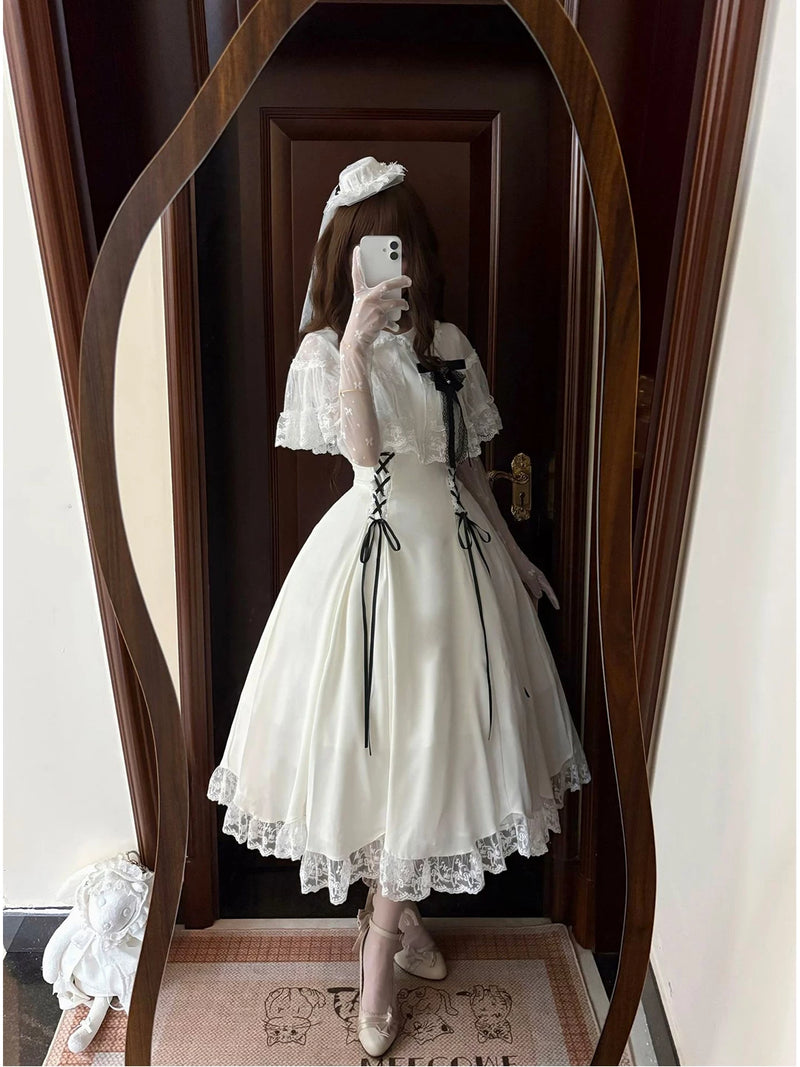 Creamy - White Classic - Waist-Cinched One-Piece Dress with Lace Trim