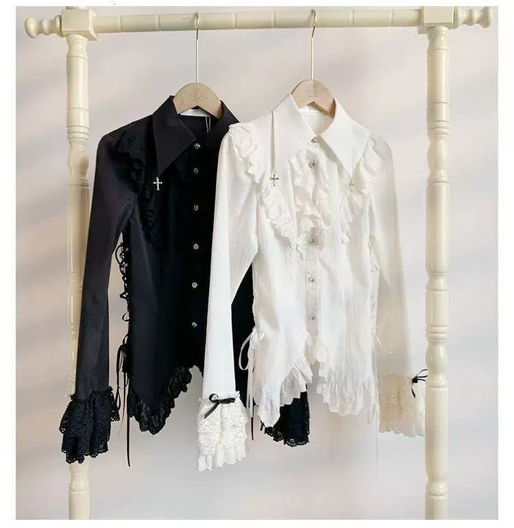 Long-sleeve waist-cinched button-up blouse