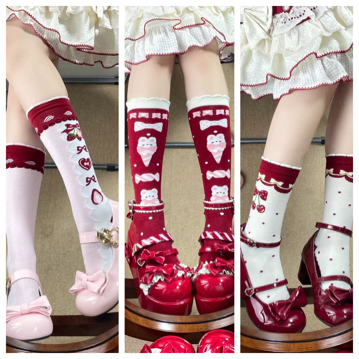 Fantasy Doll - Strawberry Cherry - Embroidered Mid-Calf Socks in Three Colour Options