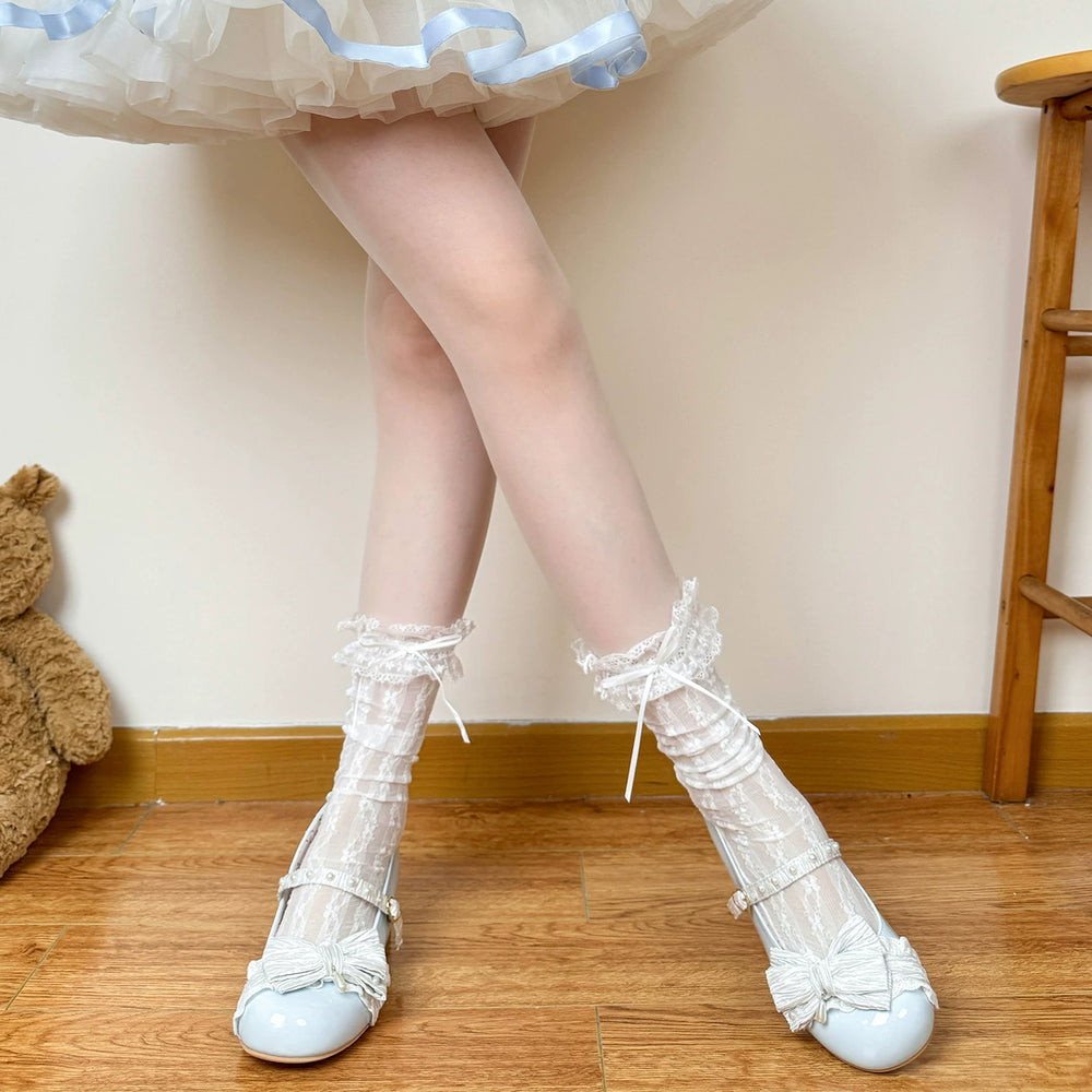 Openwork mid-calf socks with lace trim and ribbon bows