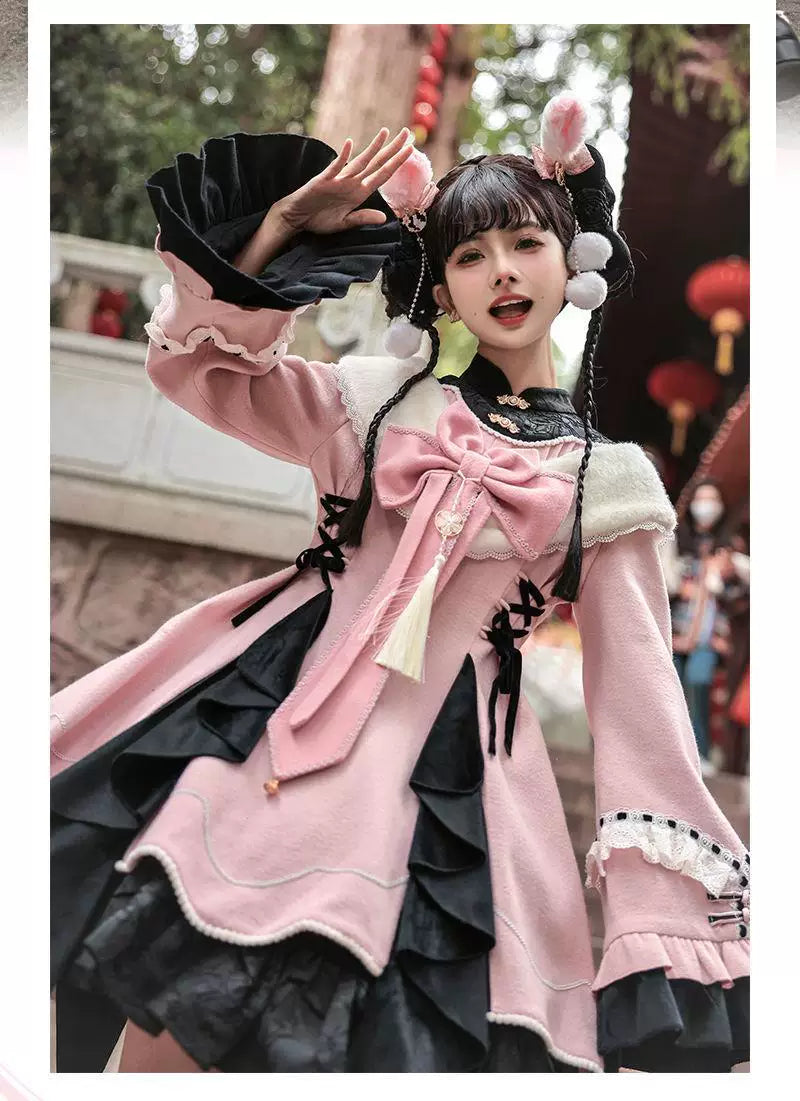 Sweetheart Dream Machine - Maohua - Black-Red Chinese-Style OP Dress with Ruffled Bib