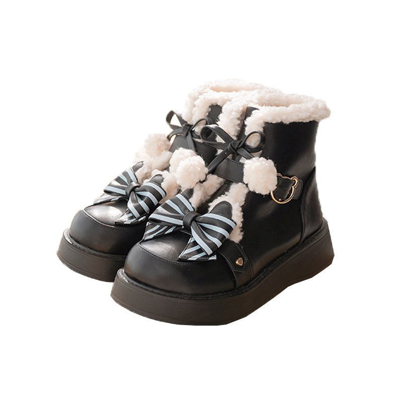 Black Lolita winter boots with fleece trim and striped butterfly bows