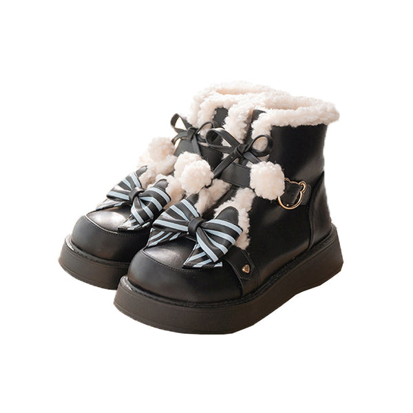 Black Lolita winter boots with fleece trim and striped butterfly bows