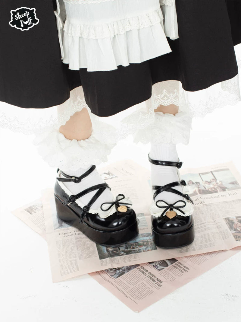Sheep Puff Sweetheart Thick Roll Platform Lolita Shoes featuring plush sheep puff design and chunky platform sole.