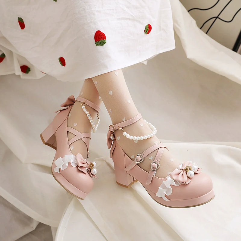 Yana - Round Toe Pearl Chain - Sweet Lolita shoes with a detachable pearl chain and bow - product detail 4