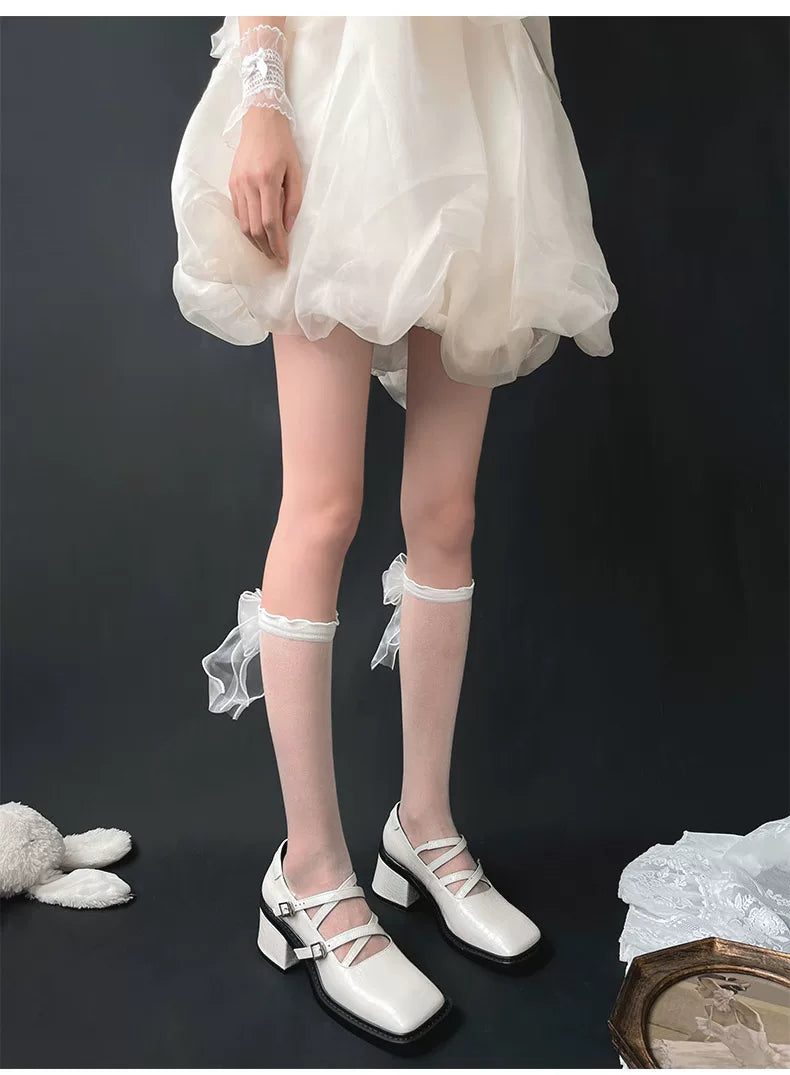 Sock Noble - Crystal Bow - Sheer Mid-Calf Slouch Socks with Bow Detail