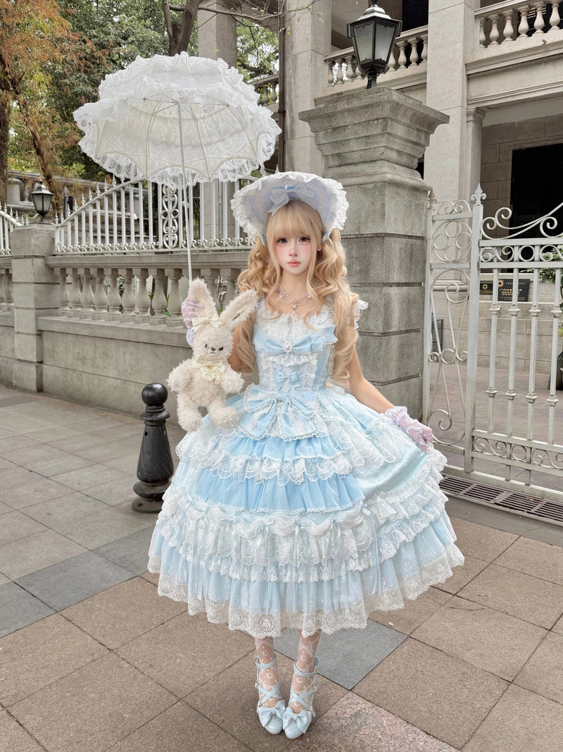 Pink Eternal Flower Letter JSK side view, mid-calf length, sleeveless sweetheart neckline