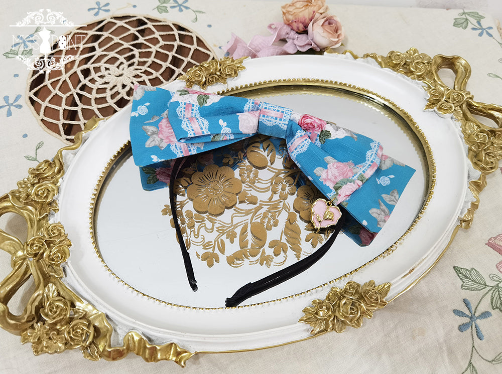 Lilyka Garden - Classic Lolita Headdress and Necklace Brooch Bow Trailing KC - Blue Flower Wall