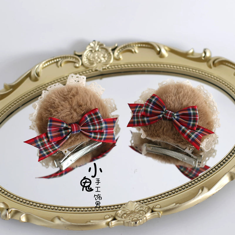 Christmas Bow Lace Lolita Headwear - Assorted Styles — No. 4 Bear-Ear Plaid Hair Clips - Pair