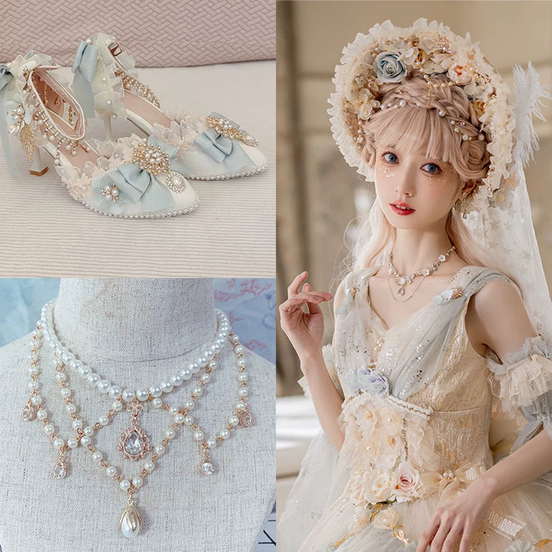 Layered pearl-white Lolita necklace with crystal pendant