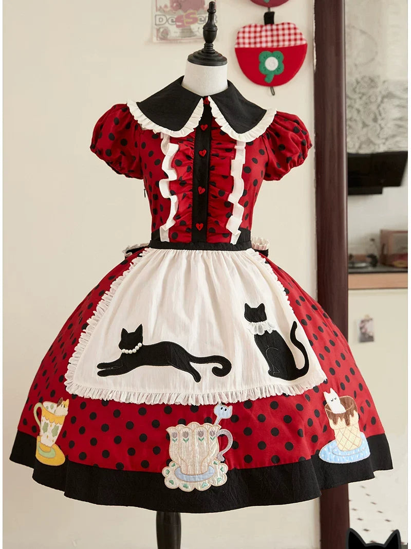 Piggy Bun - Teacup Meow - Old School Lolita cat-ear hat, paw gloves and black cat apron options with polka dots - product detail 5