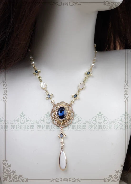 Rose of Sharon - Classic Lolita Necklace & Earrings - Artificial Pearl Rhinestone Earrings
