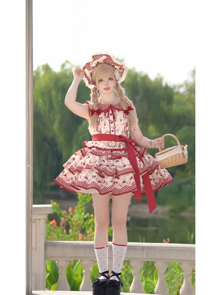 Dream Bunny - The Cherries Are Ripe - Cherry-Print Lolita Fashion Set with Gingham Ruffles