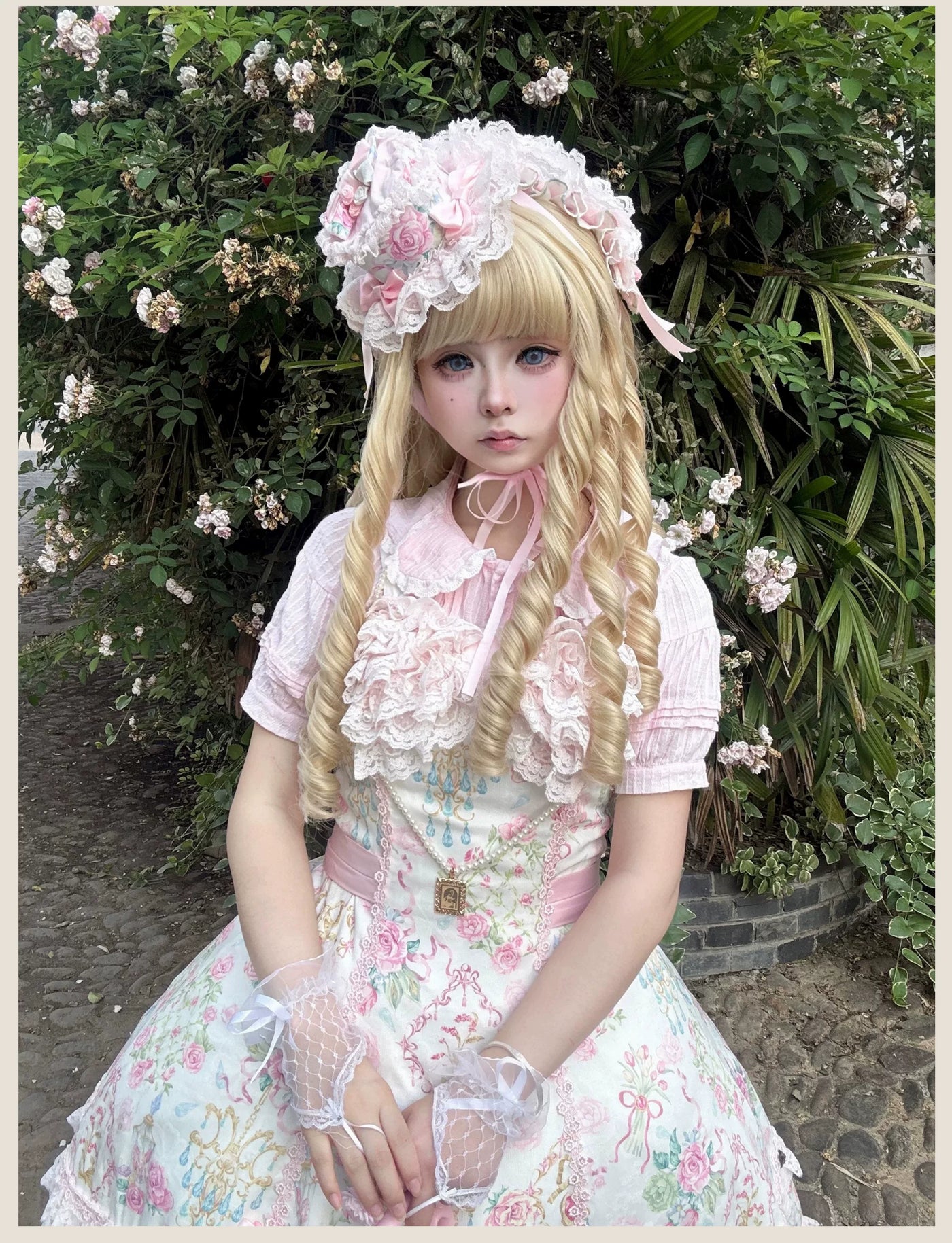 Tata Long Ear - Spring 2025 Floral Wall - Floral Print JSK Dress with Layered Lace Ruffles