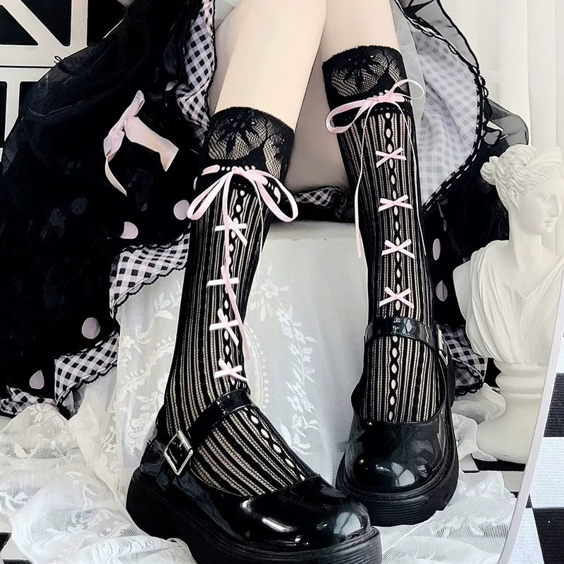 Floral Milk Cat - Ribbon Lace - Thin Lace Calf Socks with Tie Details