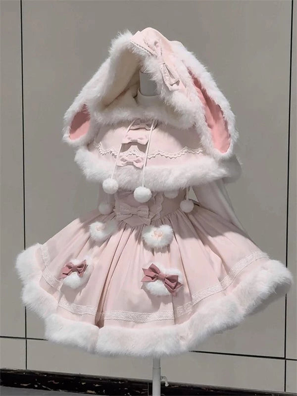 Creamy pink Lolita Fashion coat-and-dress set with bunny-ear hood and white trim