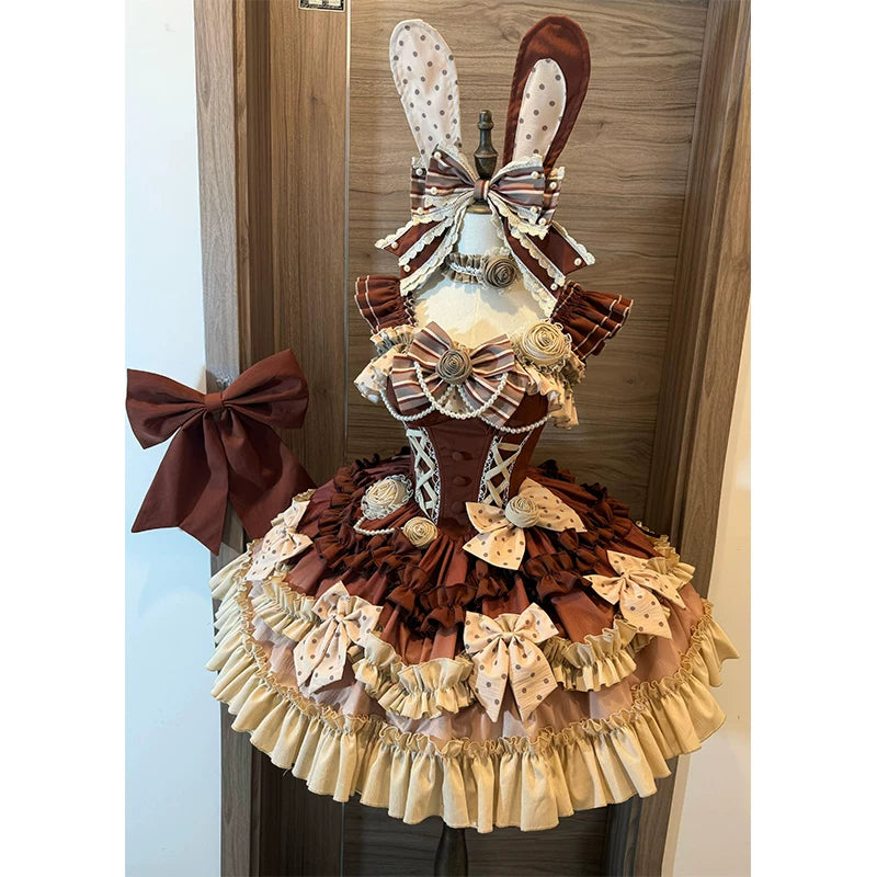 Creamy - Chocolate Ribbon - Chocolate JSK Dress Set with Rabbit-Ear Headwear