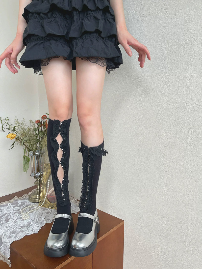 Sock Noble - Hook-and-Eye Lace - Mid-Calf and Over-the-Knee Socks with Lace Cutout Panels
