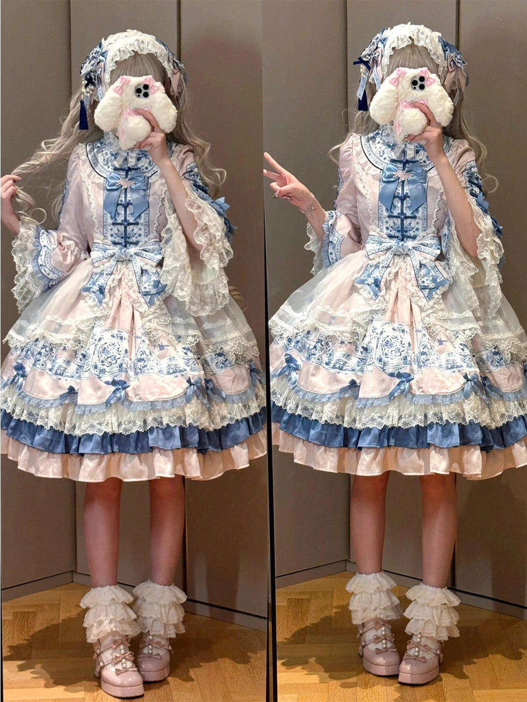 Creamy - Pink Celadon - Lolita dress with blue porcelain-style panels and lace ruffles
