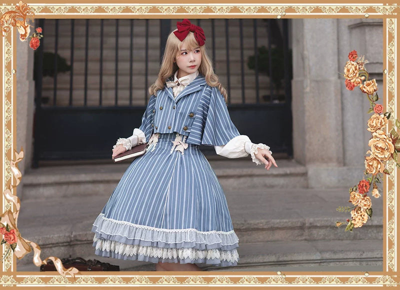 Infanta - Elegant Lolita Stripe High-waist - Jumper Dress Set and Cape SK Skirt