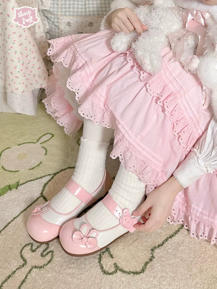 Sheep Puff Bunny Milk Candy low heel Lolita shoes featuring cute bunny puff design in pastel colors
