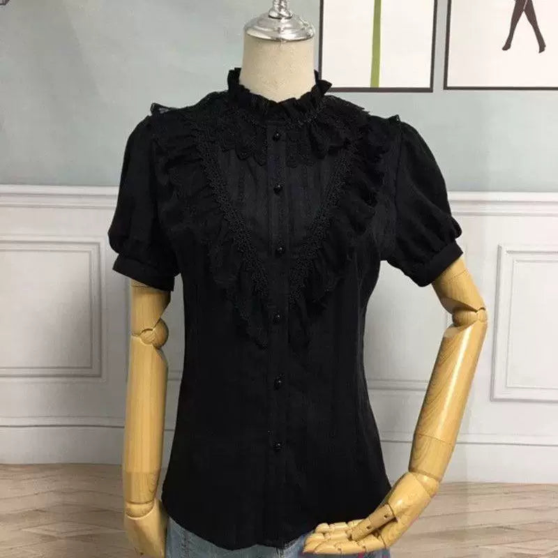 White short-sleeve blouse with stand collar, lace edging, and vertical pleats