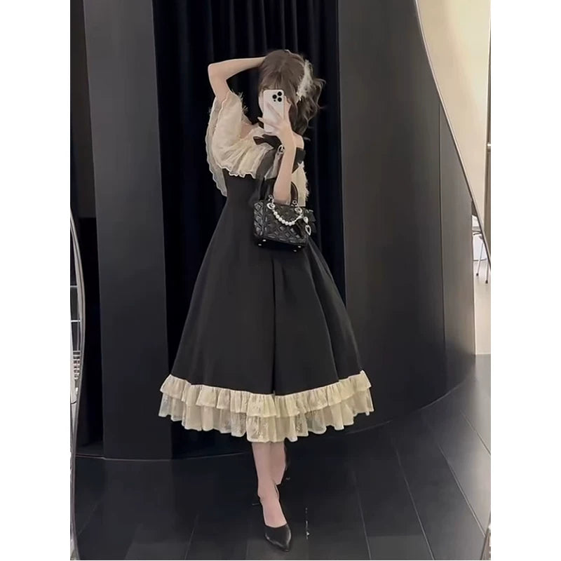 Creamy - Black-and-White Heiress - Black-and-White One-Piece Dress with Ruffled Trim