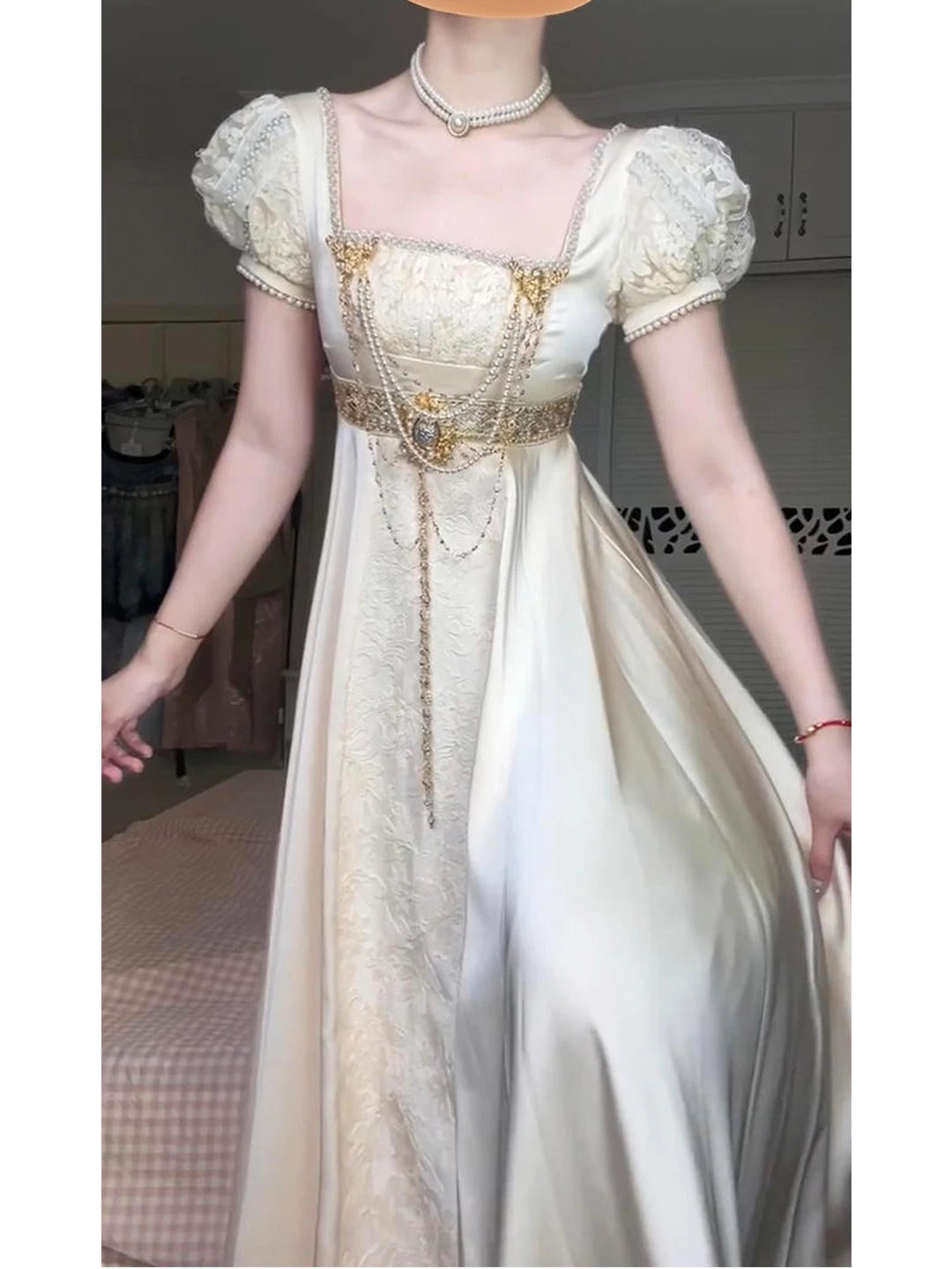 Creamy - Vintage Court - Empire-Waist One-Piece Dress and Shawl Set with Embossed Floral Texture