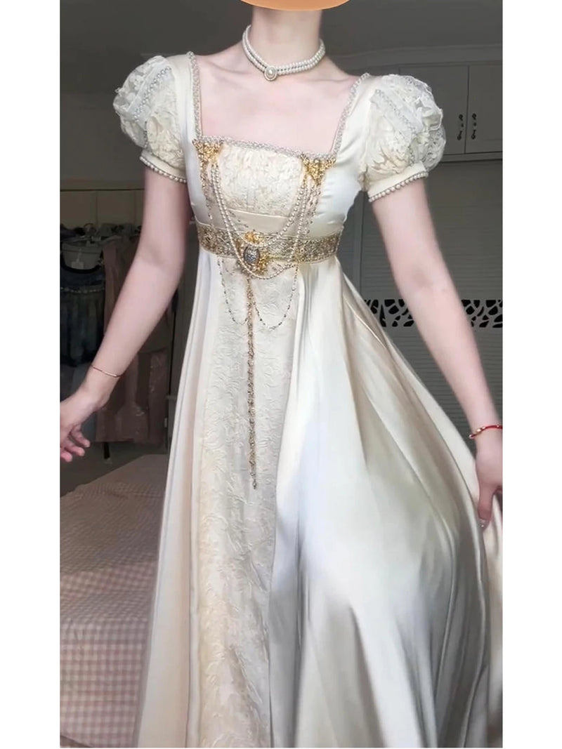 Creamy - Vintage Court - Empire-Waist One-Piece Dress and Shawl Set with Embossed Floral Texture