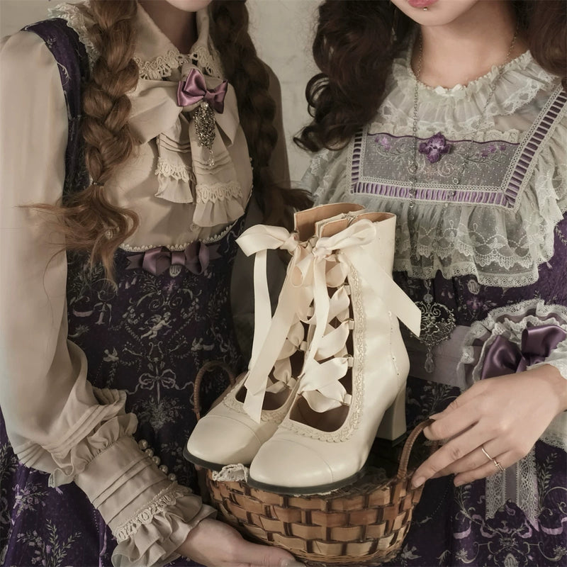 MODO Angel Flower Wall Ribbon Lace-Up Lolita Boots – design details – view 3