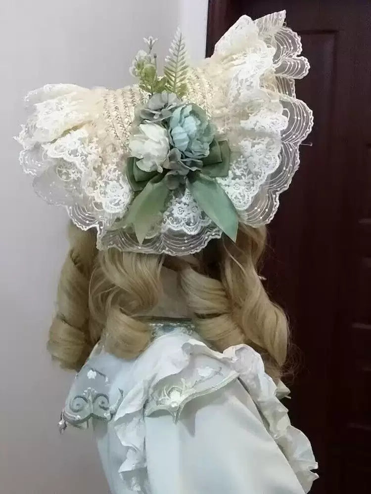 Fantasy Doll - Green Garden Lace - Flat straw hat with floral trim