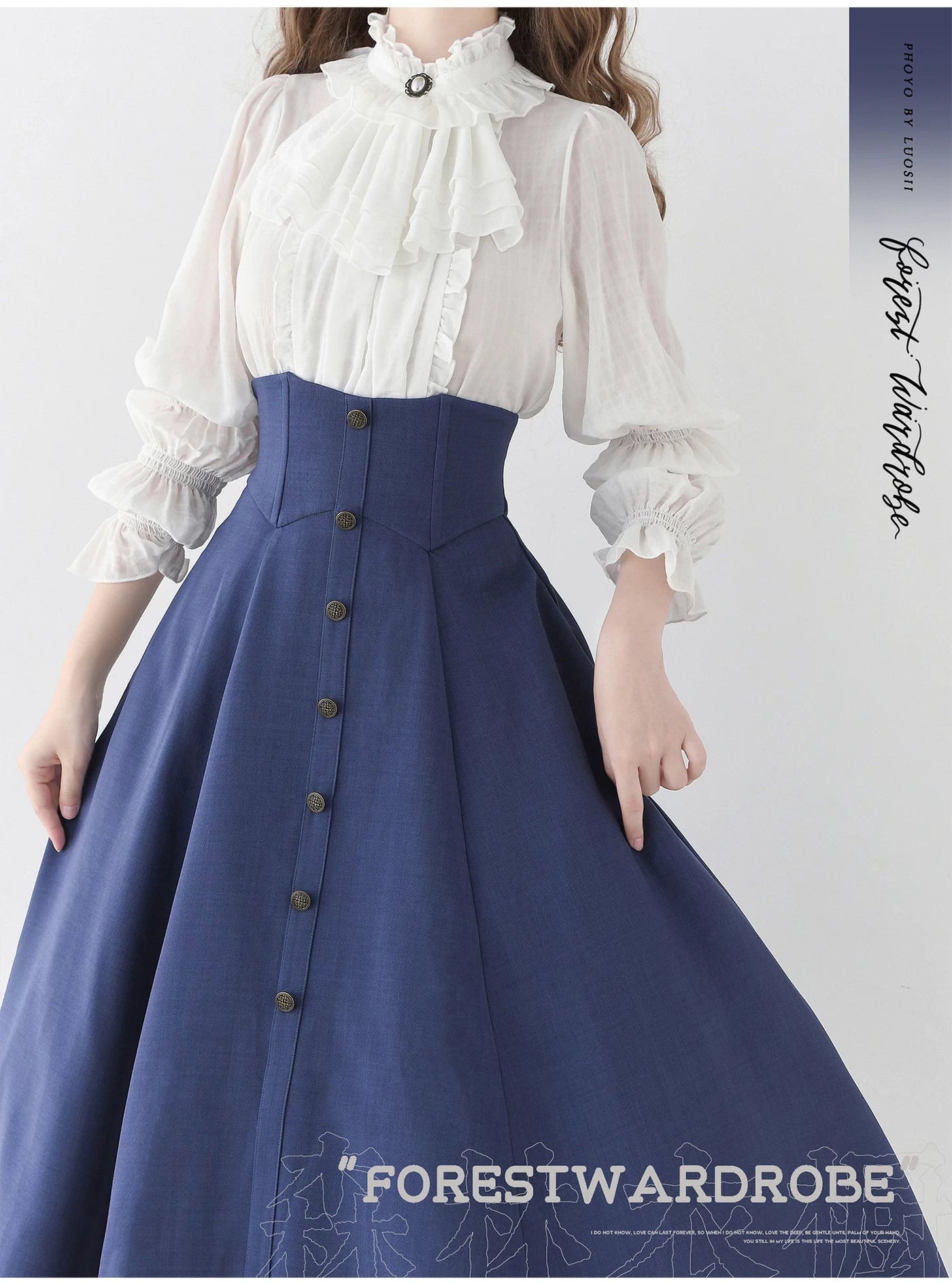 Forest Wardrobe - Misty Forest - White Classic Lolita Long Sleeve Blouse, Detachable Jabot