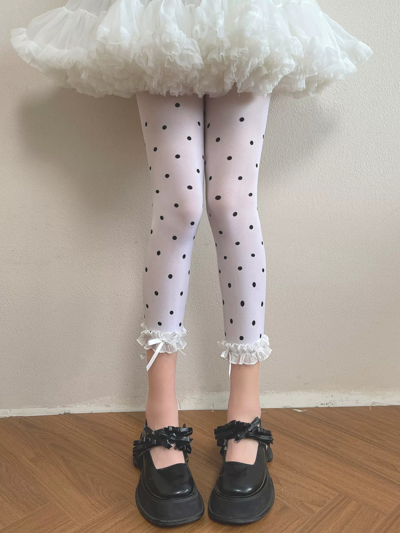 Sock Noble - Vintage Polka Dot - White Tights with Lace Ruffle Cuffs