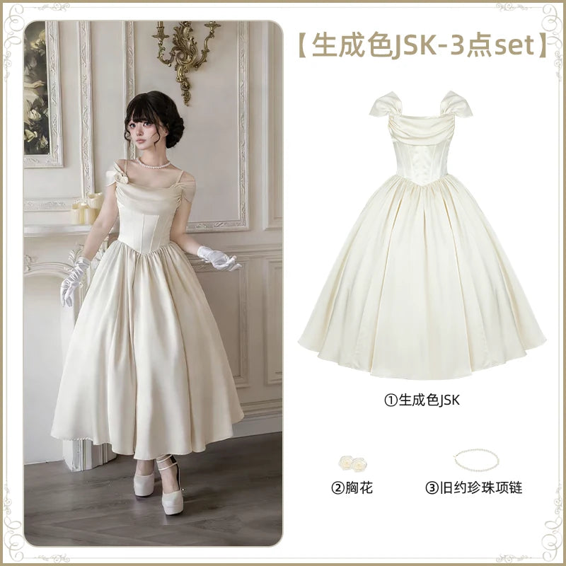 With PUJI - For Beloved - Classic Lolita Satin JSK Dress Set, Fishbone Waist detail view 11