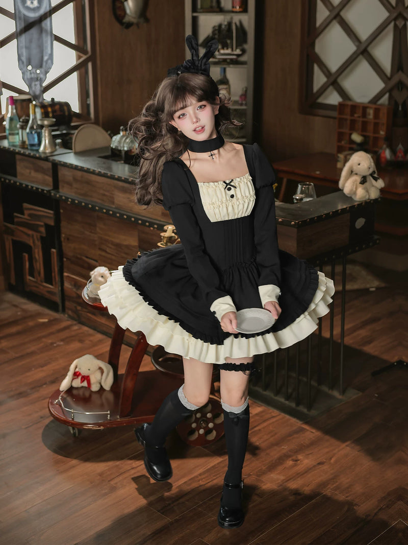 With PUJI - Lia - Classic Lolita OP Dress, Ruffle Trim & Square Neckline detail view 3