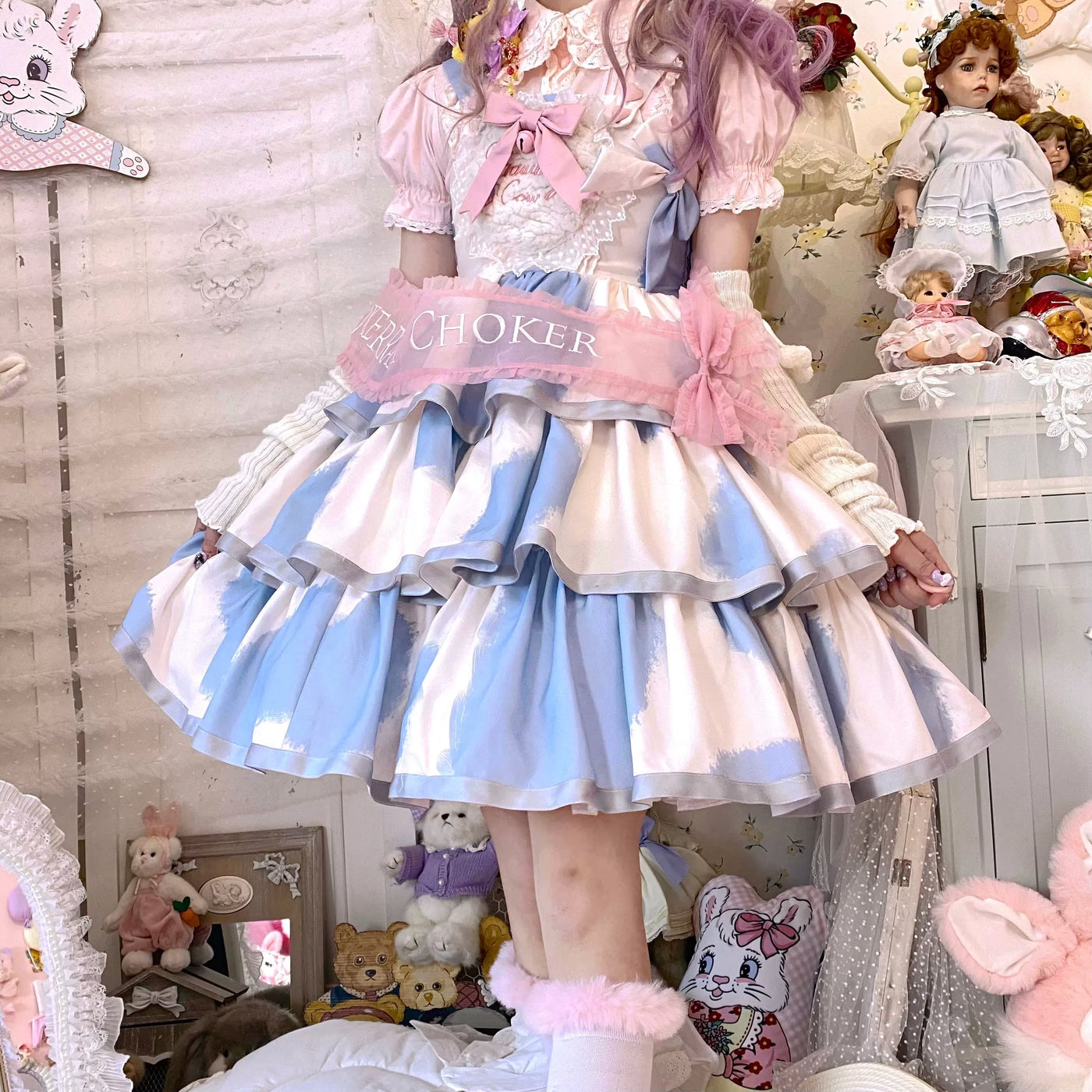 Tata Long Ear - Milk Cake Cow Print - Cow-Print JSK Dress with Three-Section Skirt