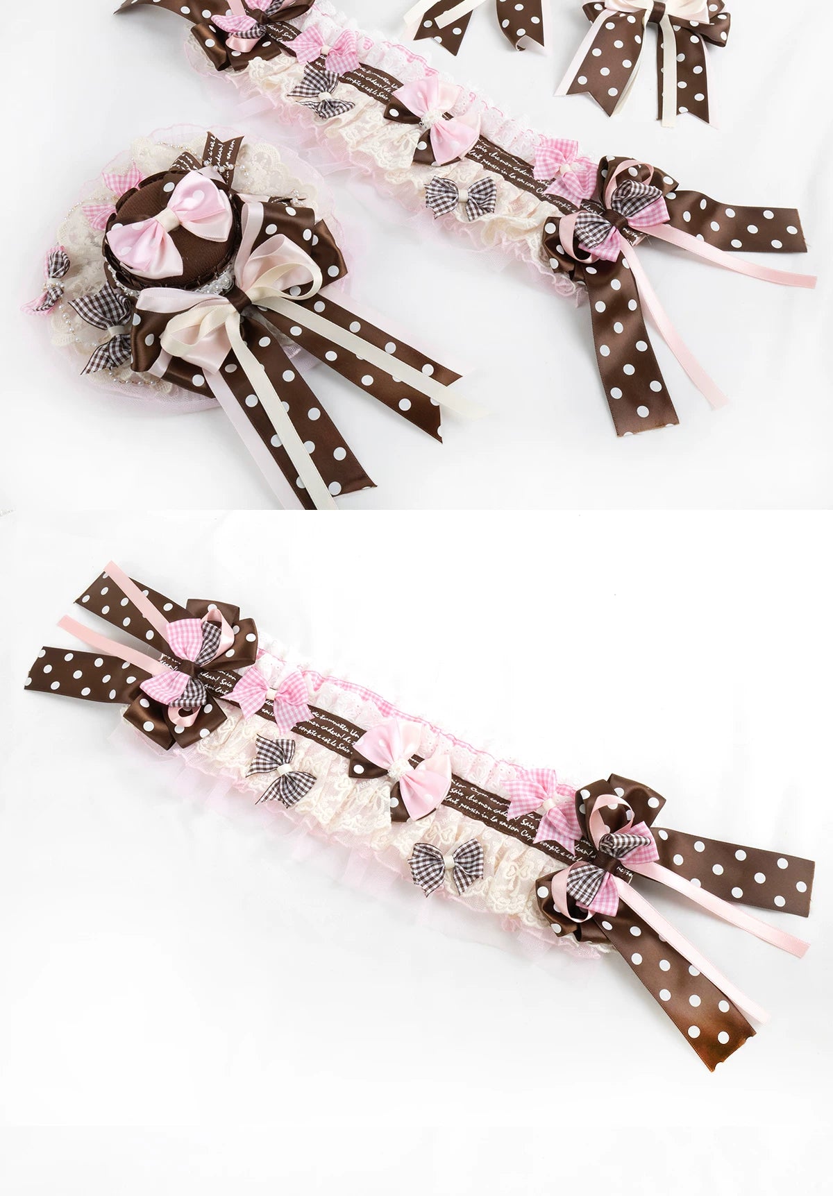 Lightbound Narrative - Chocolate Polka Dot - Headwear Options with Layered Lace and Ribbon Bows