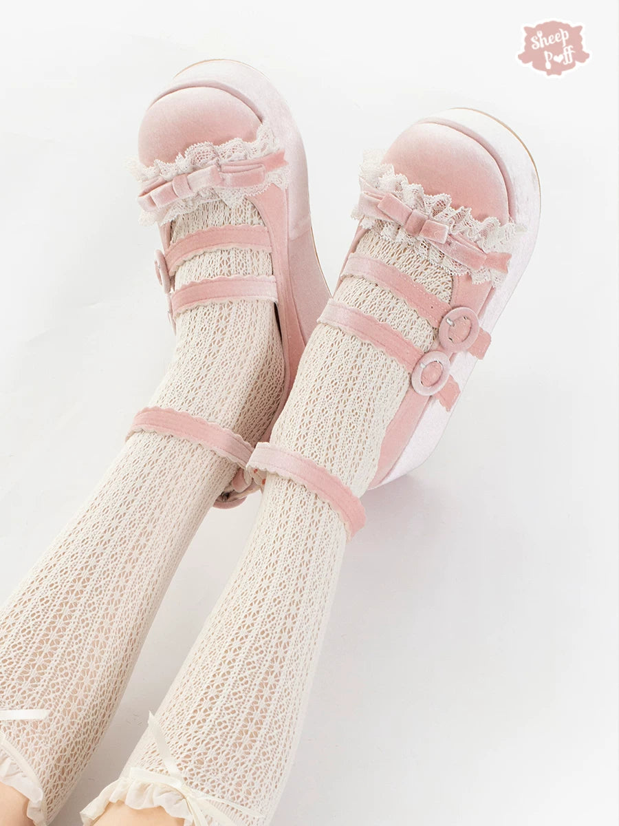 Sheep Puff Tiramisu Velvet Platform Lolita Shoes featuring a plush sheep puff design and a high platform heel.