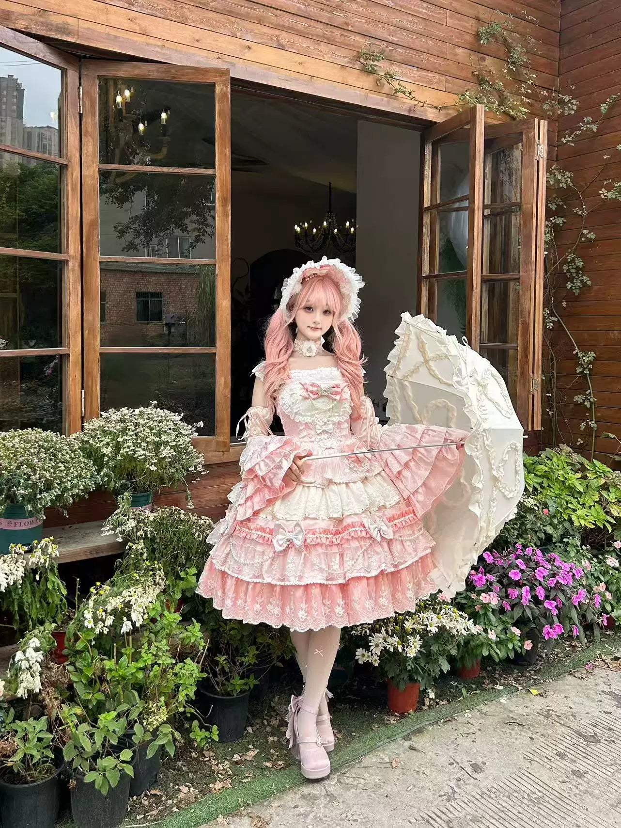 Hello Princess Lolita - Falling Cherry Blossoms - Plus-Size Bridal-Style Lolita Dress with Tiered Lace Skirt – detail view 8